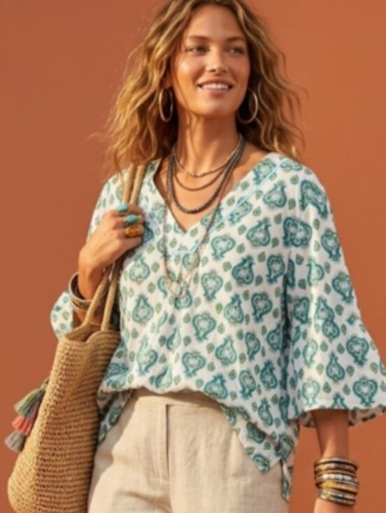 LOFT Tops - LOFT Blouse Womens L White Paisley V-Neck 3/4 Sleeve Cotton Rayon Lightweight